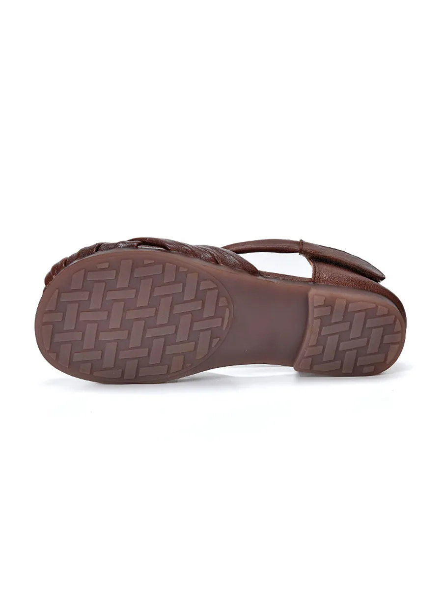 Women Summer Retro Genuine Leather Weave Flat Shoes
