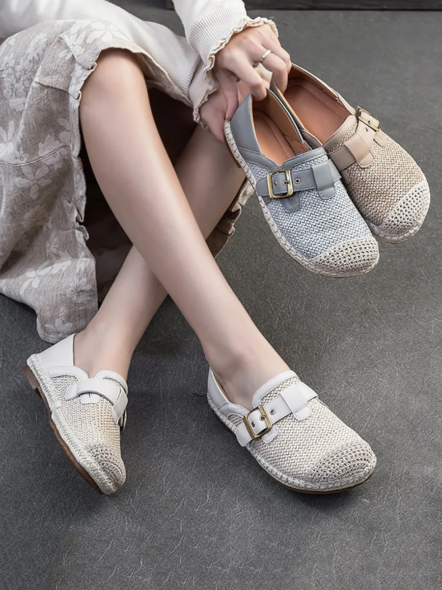 Women Summer Vintage Weave Leather Spliced Shoes