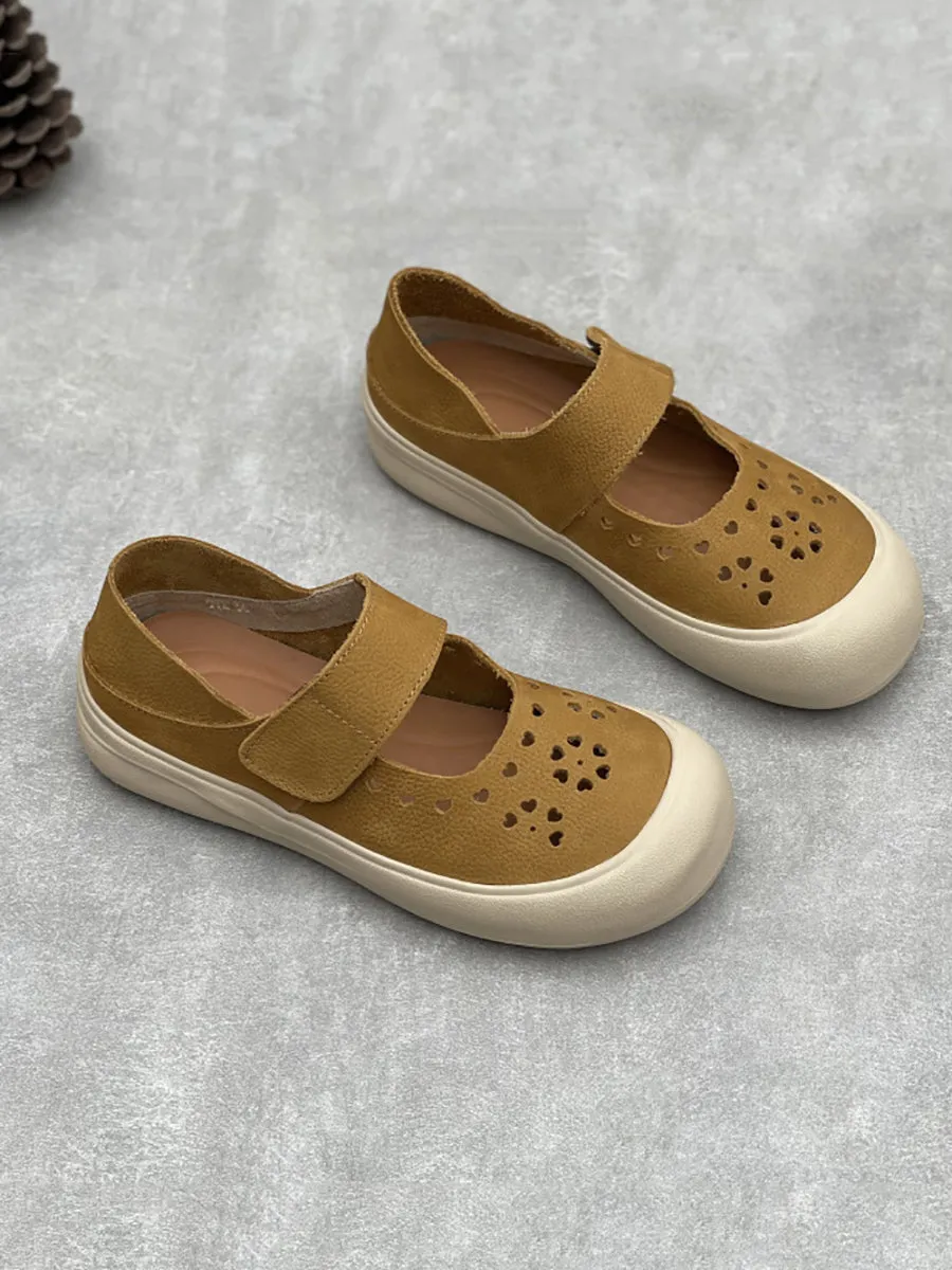Women Vintage Genuine Leather Hollow Out Flat Shoes