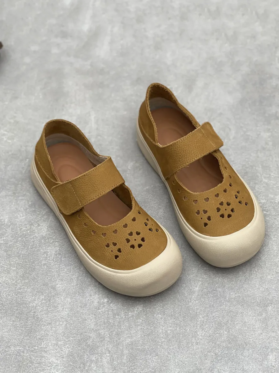 Women Vintage Genuine Leather Hollow Out Flat Shoes