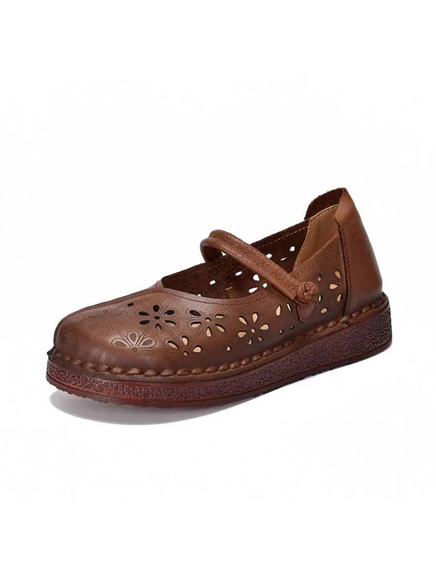 Women Vintage Leather Flower Hollow Out Low Heel Shoes