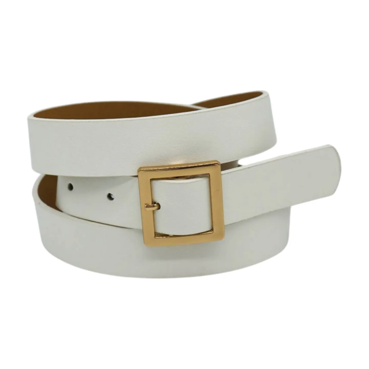Women White Faux Leather Skinny Waistband Fashion Belt Gold Square Buckle S M