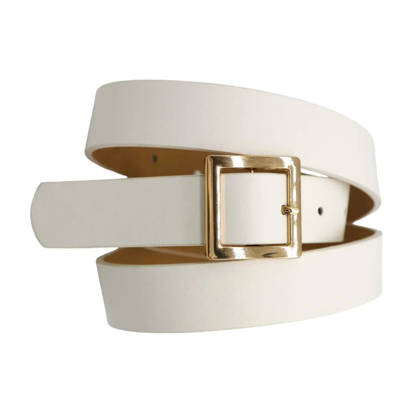 Women White Faux Leather Skinny Waistband Fashion Belt Gold Square Buckle S M