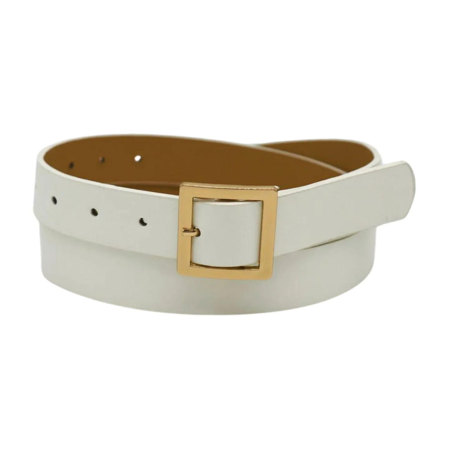 Women White Faux Leather Skinny Waistband Fashion Belt Gold Square Buckle S M