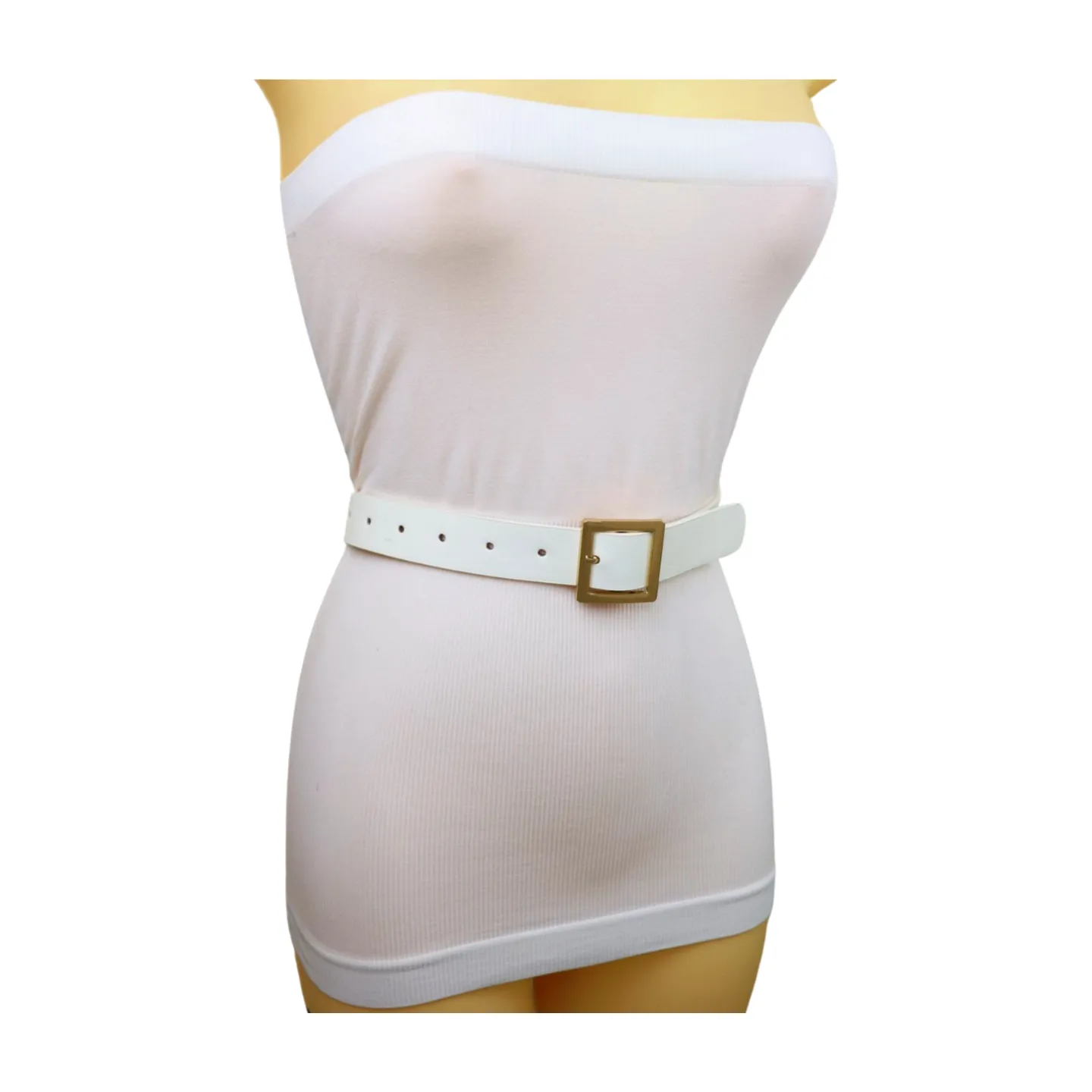 Women White Faux Leather Skinny Waistband Fashion Belt Gold Square Buckle S M