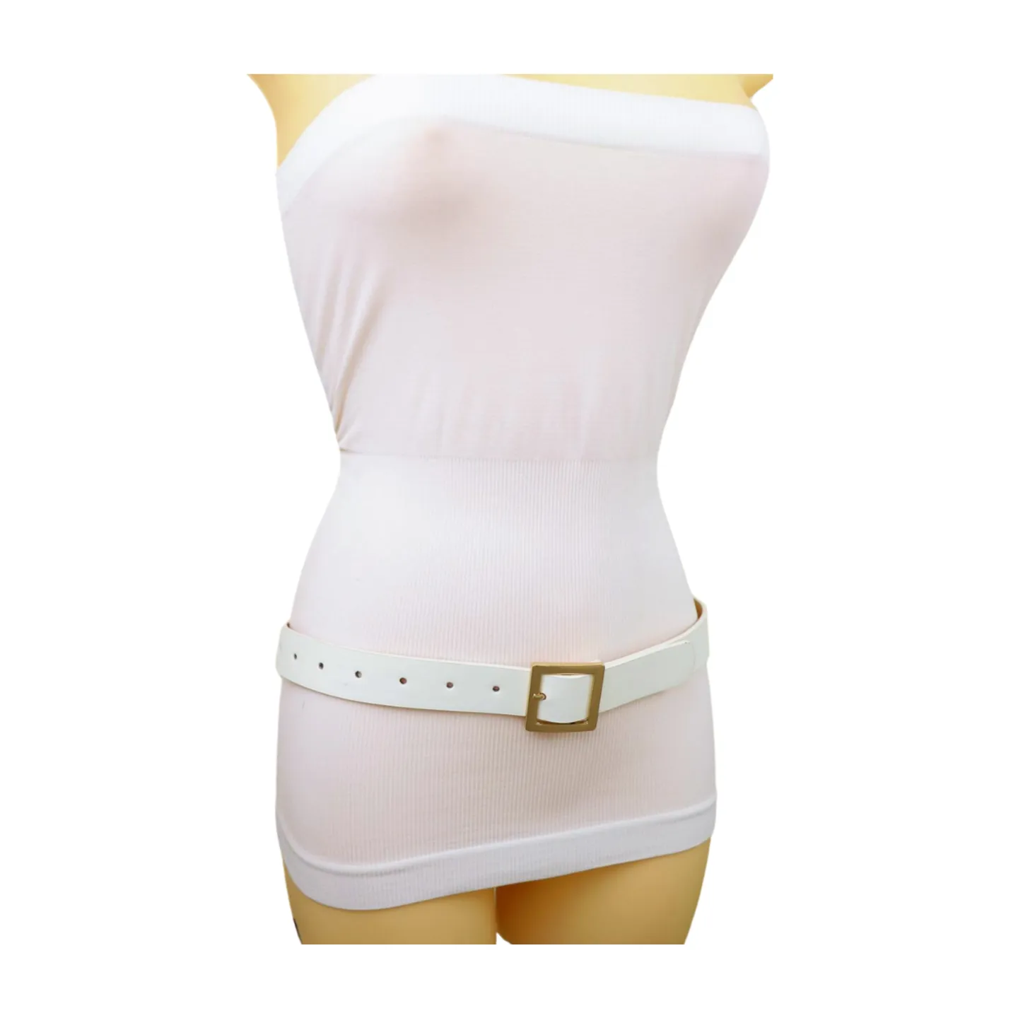 Women White Faux Leather Skinny Waistband Fashion Belt Gold Square Buckle S M