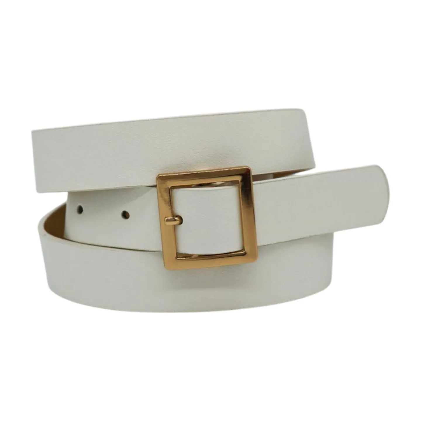 Women White Faux Leather Skinny Waistband Fashion Belt Gold Square Buckle S M