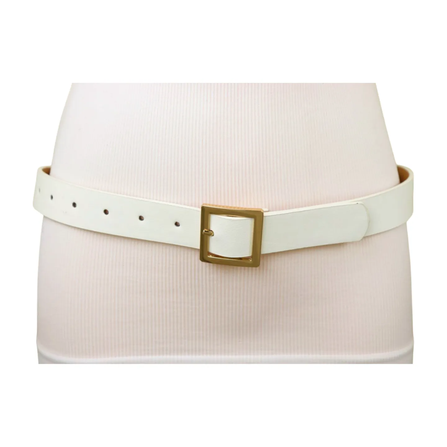 Women White Faux Leather Skinny Waistband Fashion Belt Gold Square Buckle S M