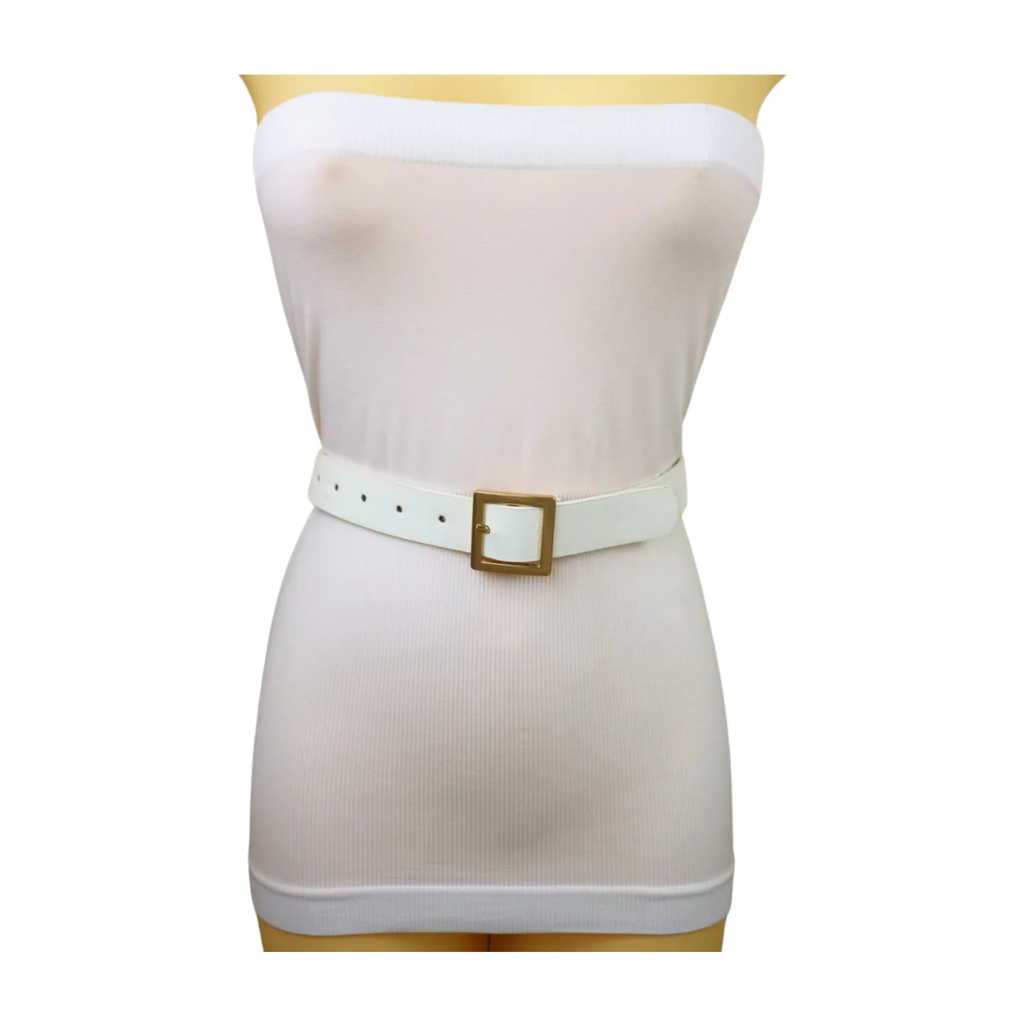Women White Faux Leather Skinny Waistband Fashion Belt Gold Square Buckle S M