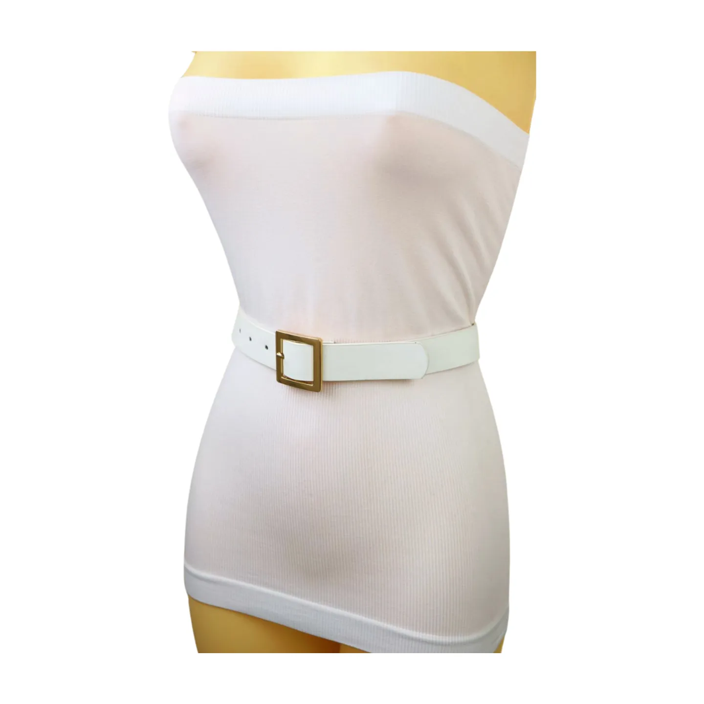 Women White Faux Leather Skinny Waistband Fashion Belt Gold Square Buckle S M