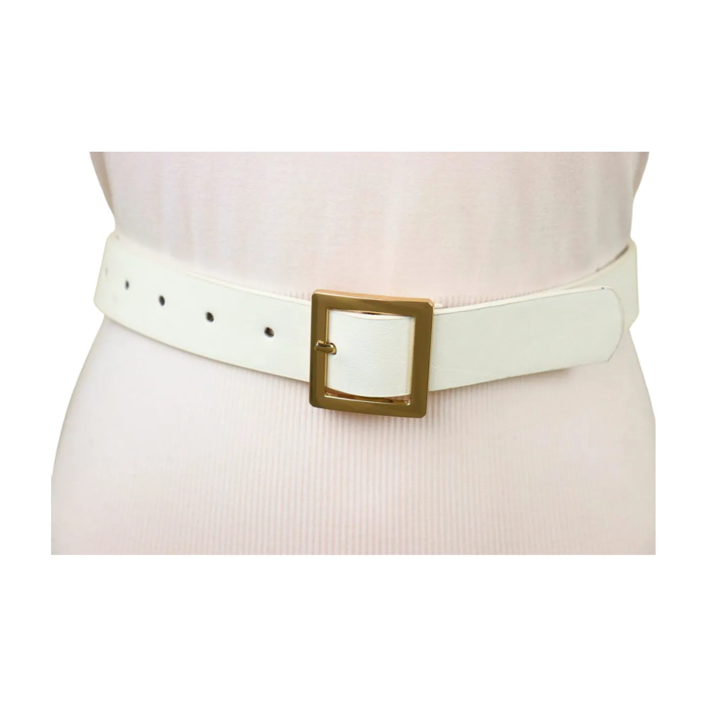 Women White Faux Leather Skinny Waistband Fashion Belt Gold Square Buckle S M