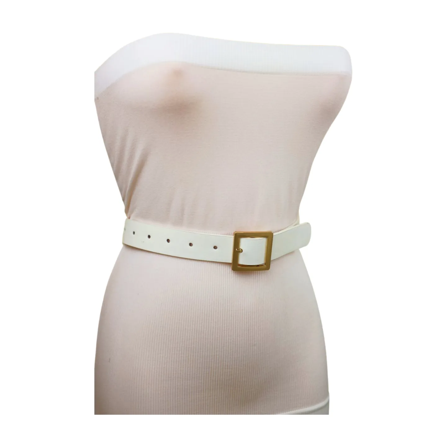 Women White Faux Leather Skinny Waistband Fashion Belt Gold Square Buckle S M