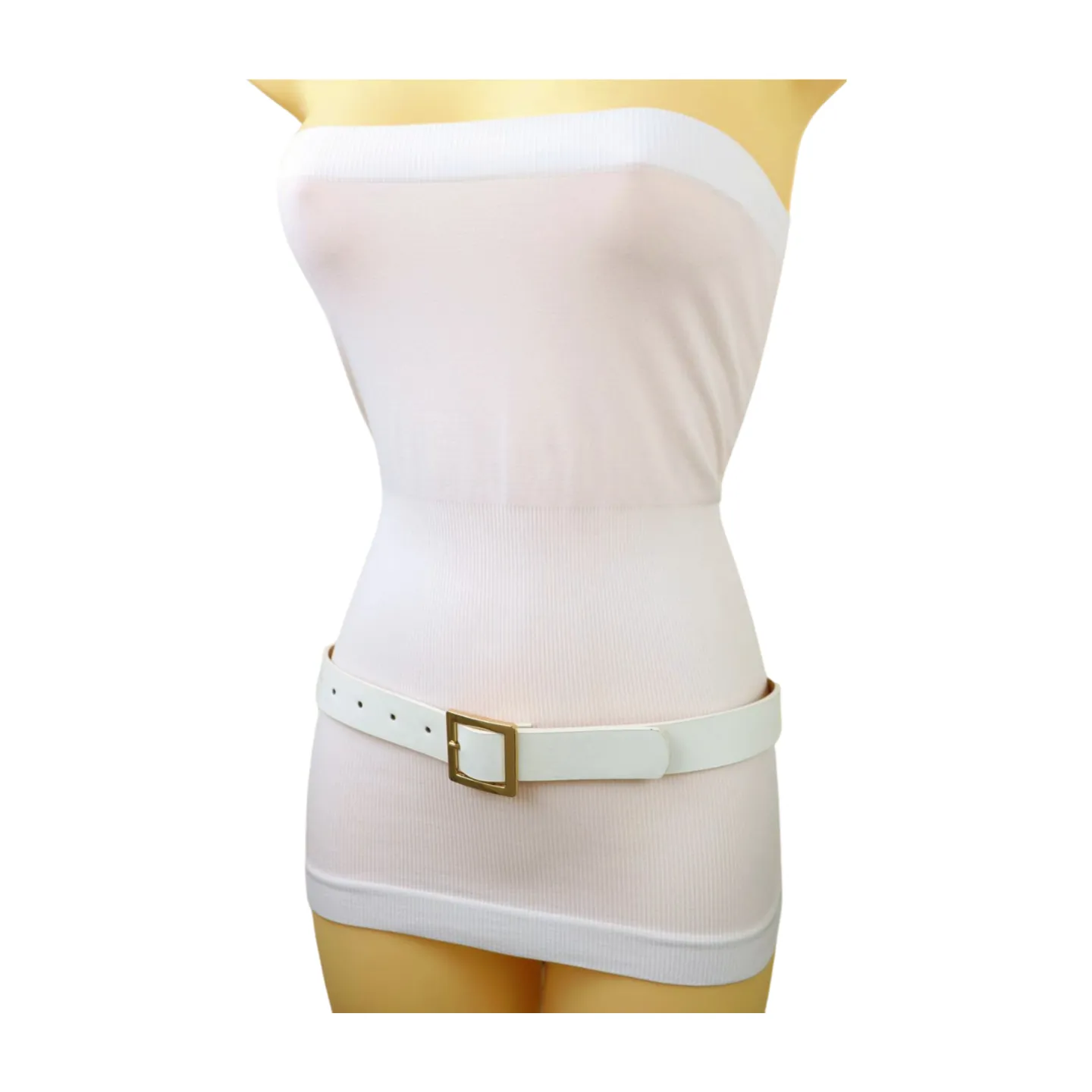 Women White Faux Leather Skinny Waistband Fashion Belt Gold Square Buckle S M