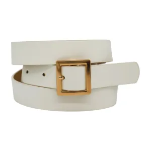 Women White Faux Leather Skinny Waistband Fashion Belt Gold Square Buckle S M