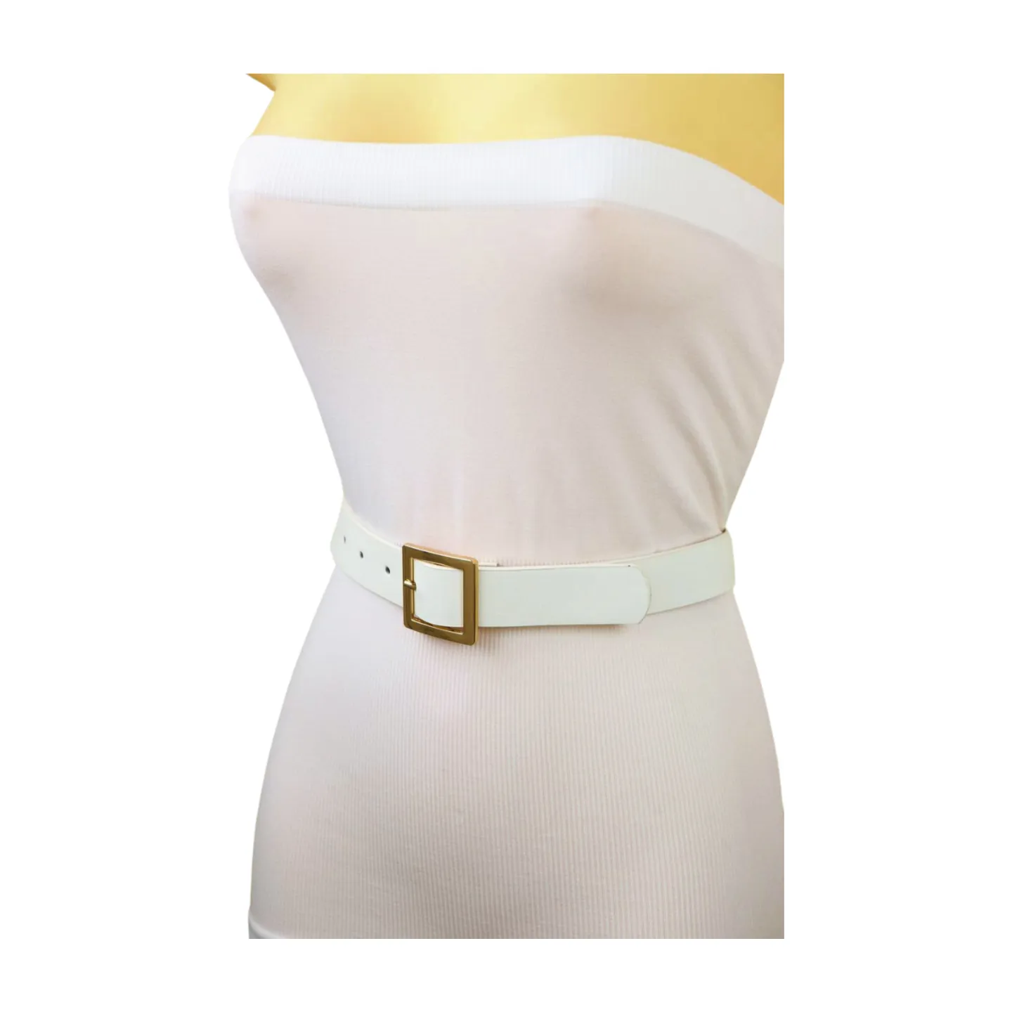 Women White Faux Leather Skinny Waistband Fashion Belt Gold Square Buckle S M