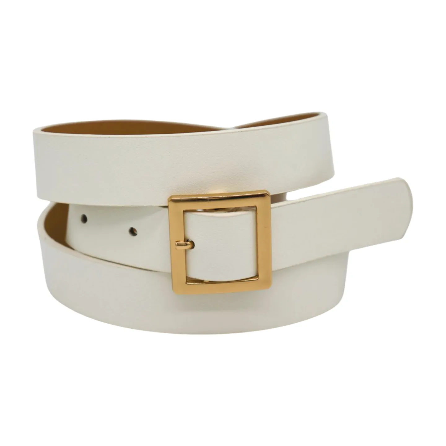 Women White Faux Leather Skinny Waistband Fashion Belt Gold Square Buckle S M