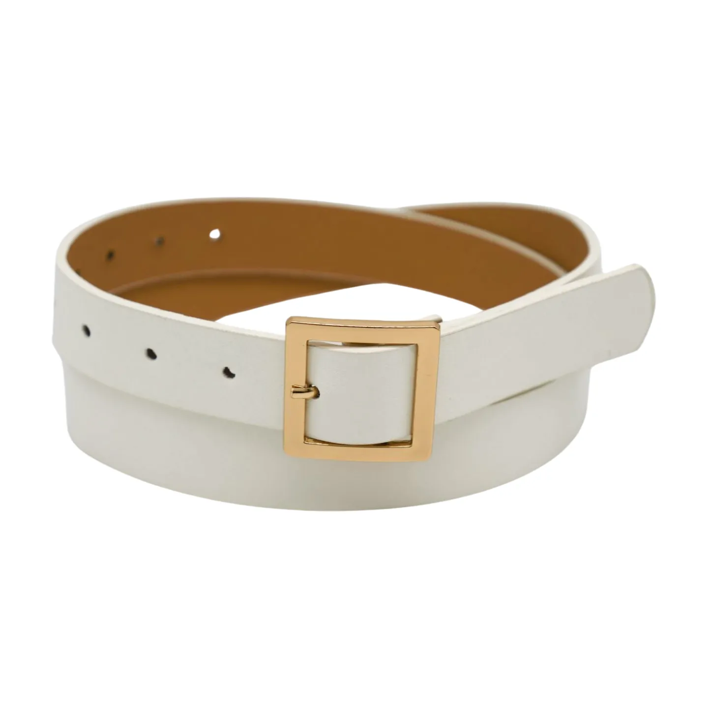 Women White Faux Leather Skinny Waistband Fashion Belt Gold Square Buckle S M
