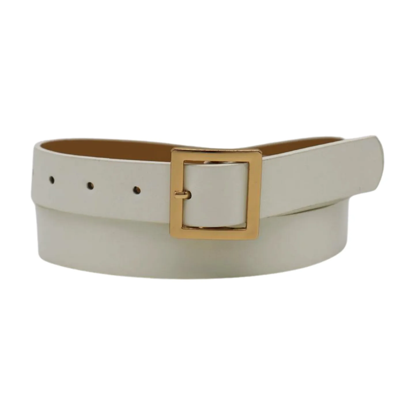 Women White Faux Leather Skinny Waistband Fashion Belt Gold Square Buckle S M