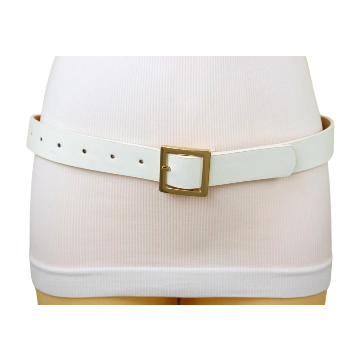 Women White Faux Leather Skinny Waistband Fashion Belt Gold Square Buckle S M