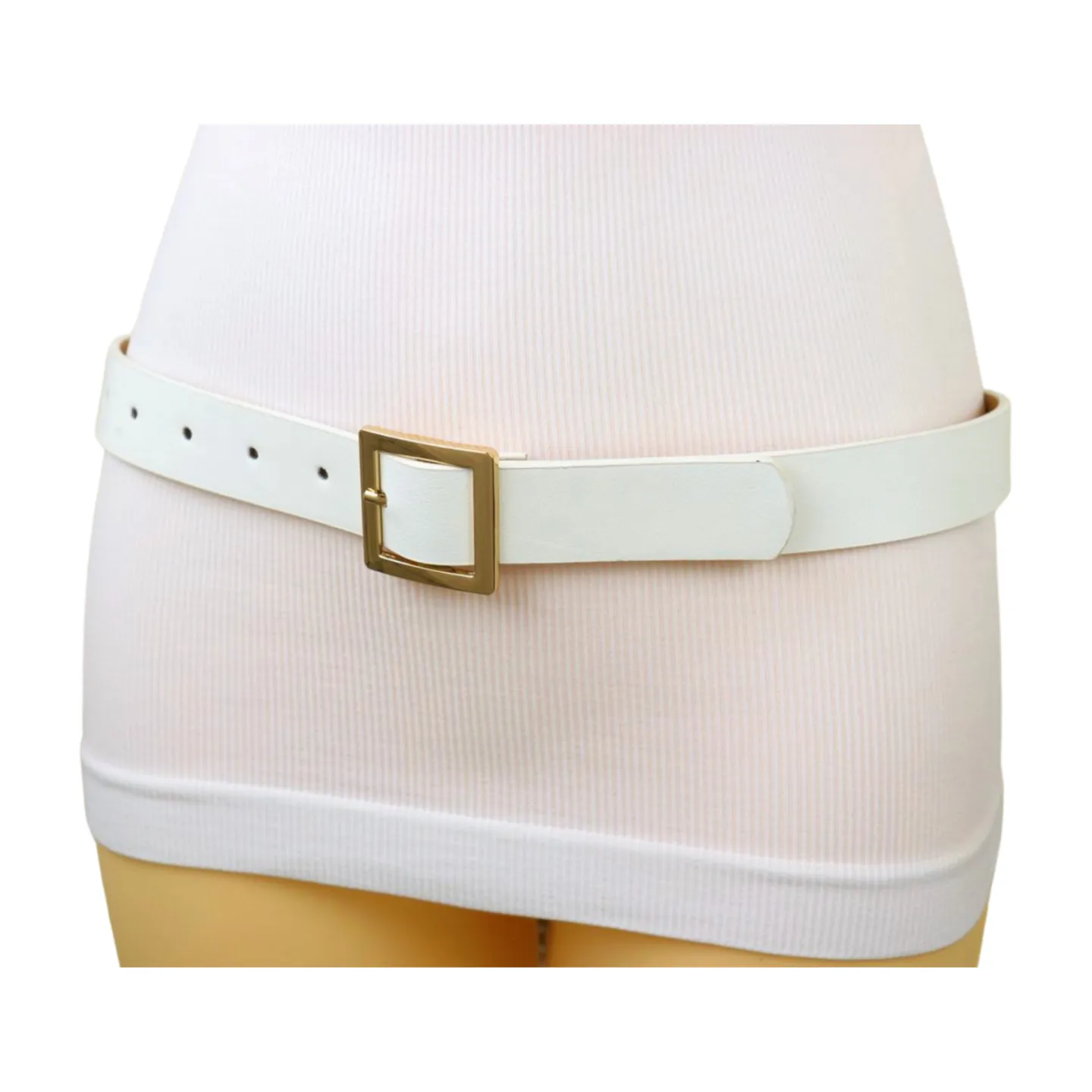 Women White Faux Leather Skinny Waistband Fashion Belt Gold Square Buckle S M