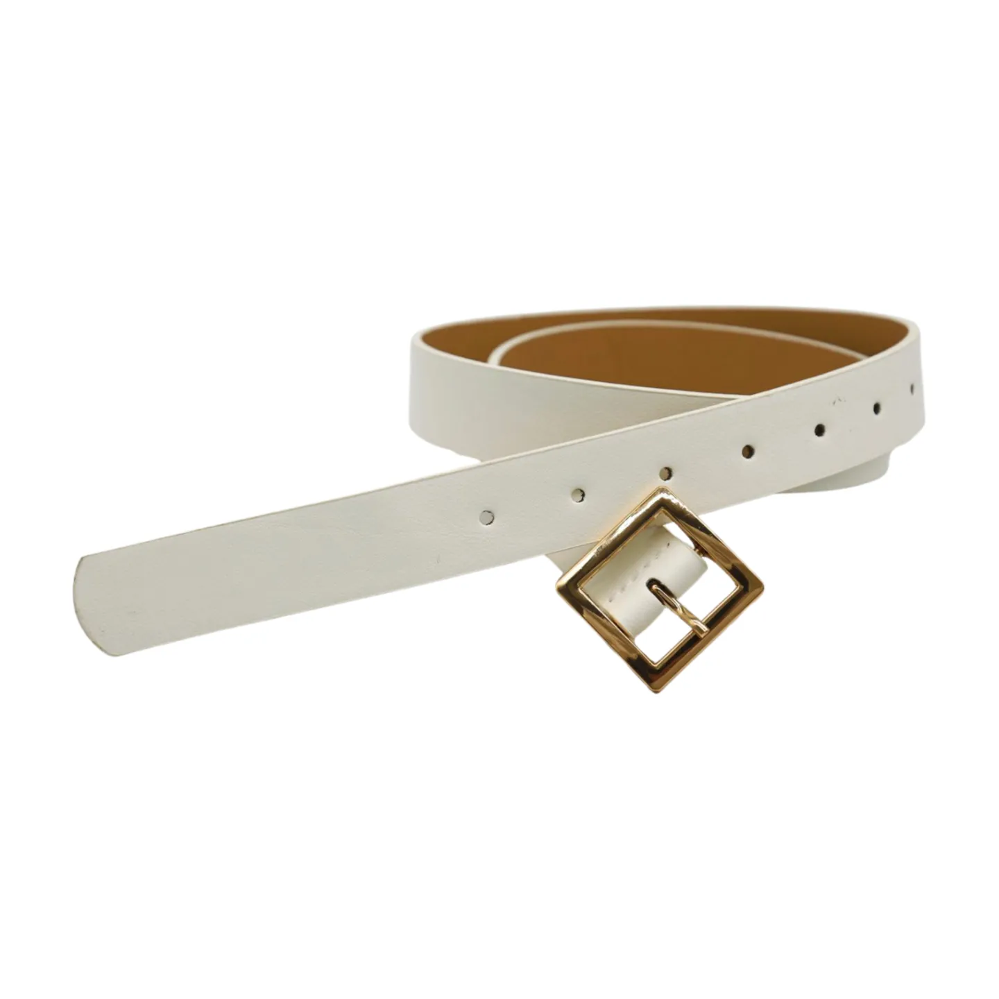 Women White Faux Leather Skinny Waistband Fashion Belt Gold Square Buckle S M