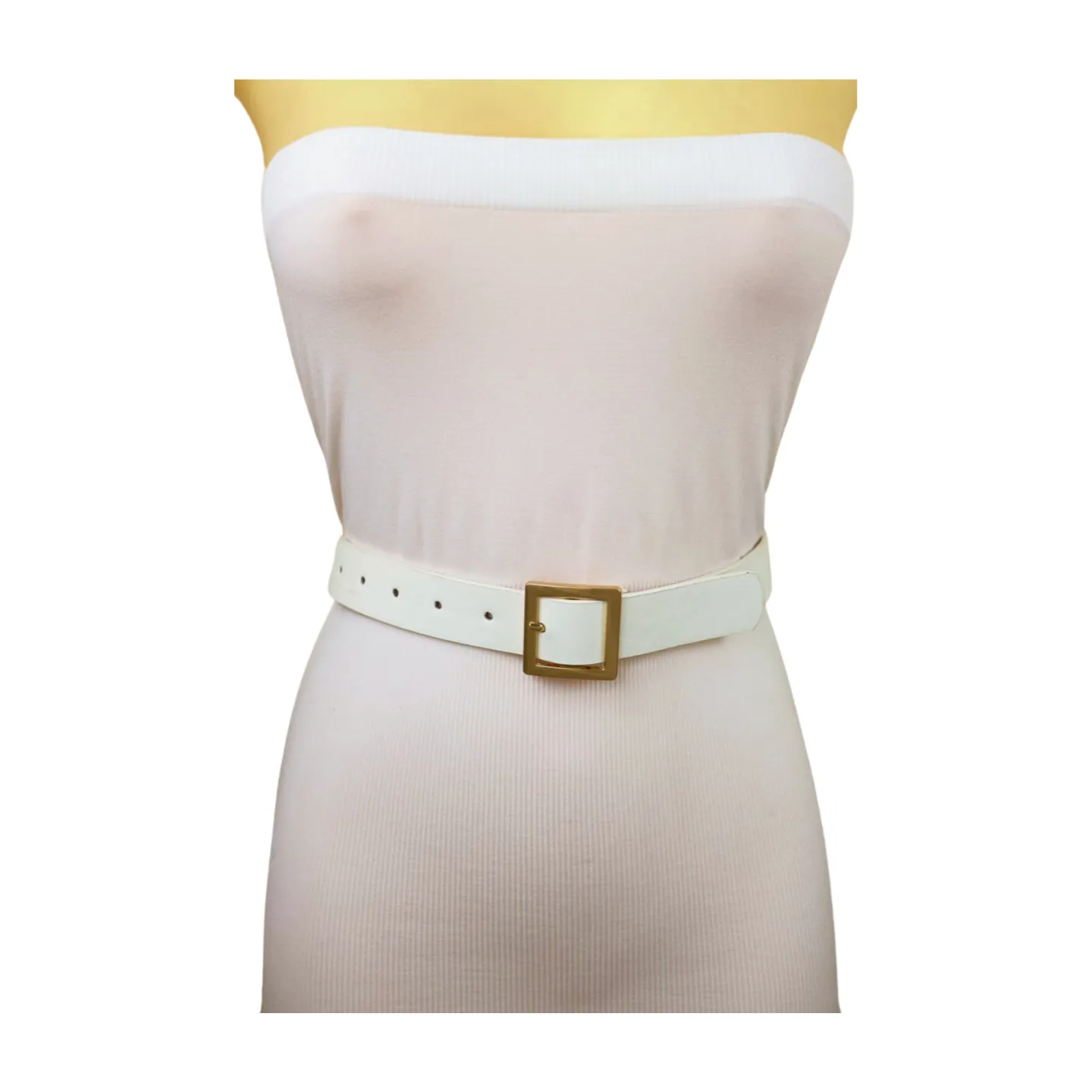 Women White Faux Leather Skinny Waistband Fashion Belt Gold Square Buckle S M