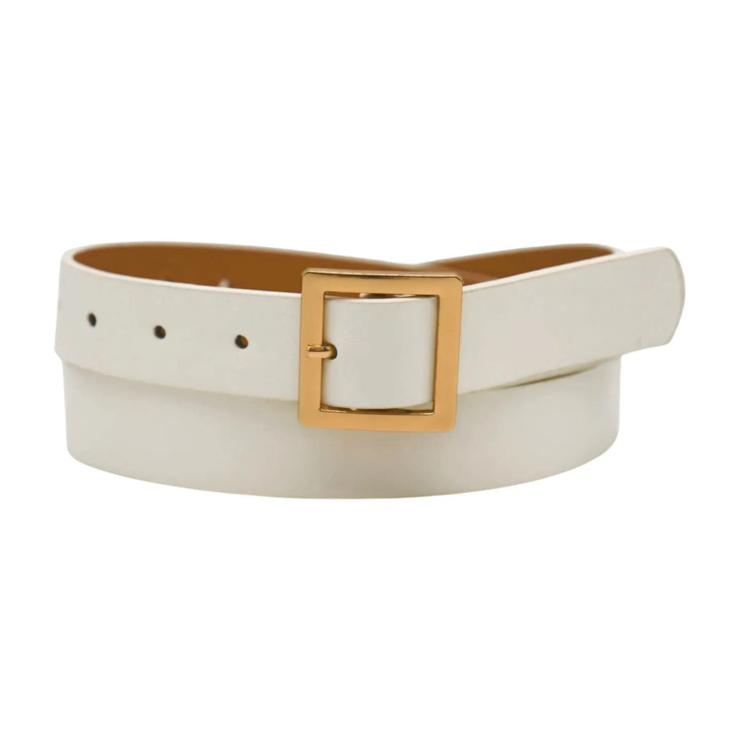 Women White Faux Leather Skinny Waistband Fashion Belt Gold Square Buckle S M