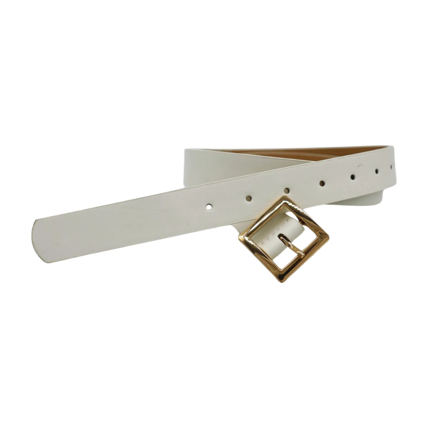 Women White Faux Leather Skinny Waistband Fashion Belt Gold Square Buckle S M