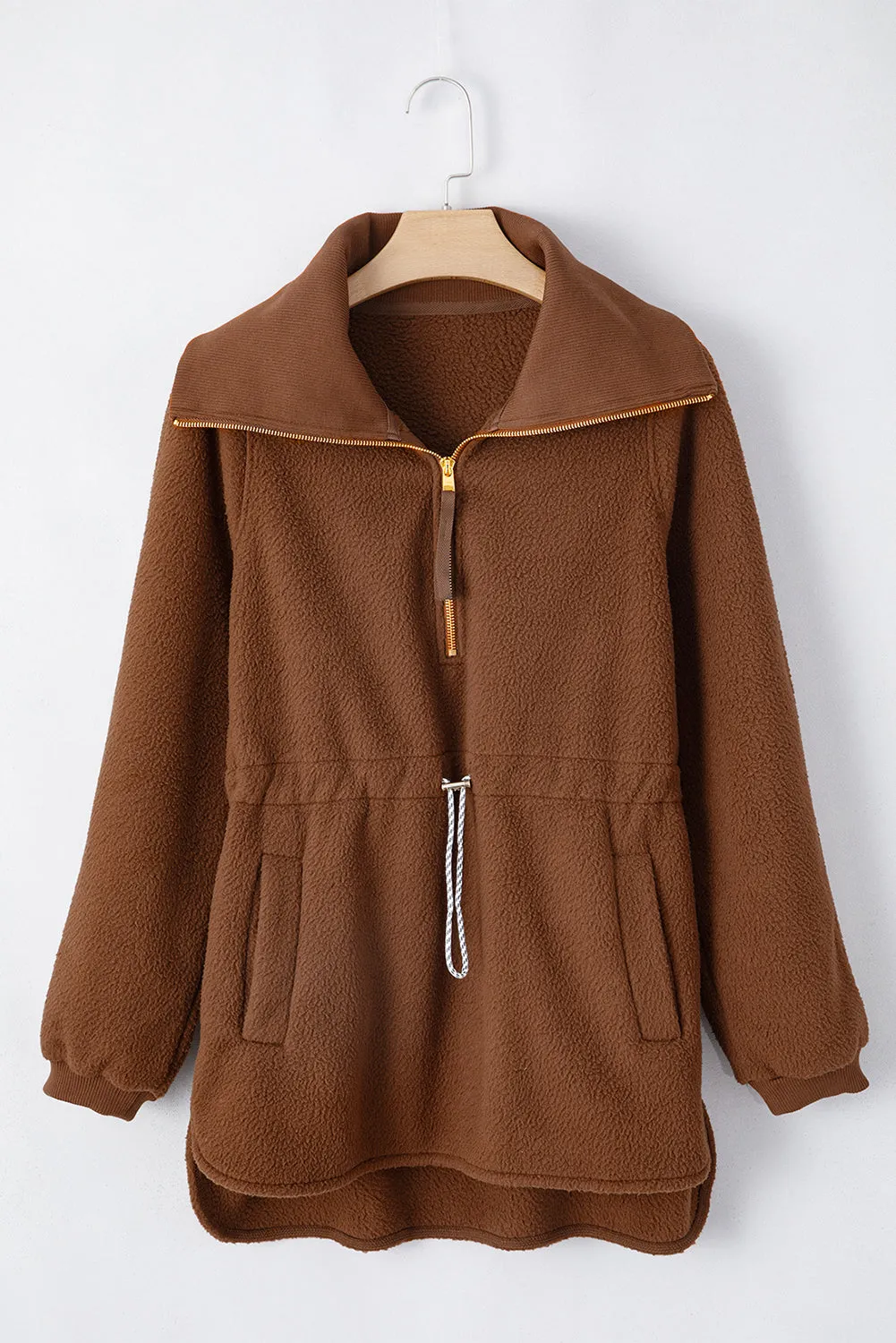 Womens Brown Half Zip Fleece Pullover Jacket