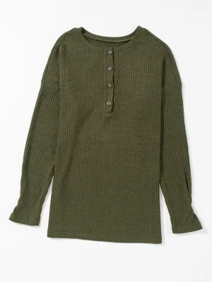 Womens Jungle Green Rib Textured Henley Knit Top