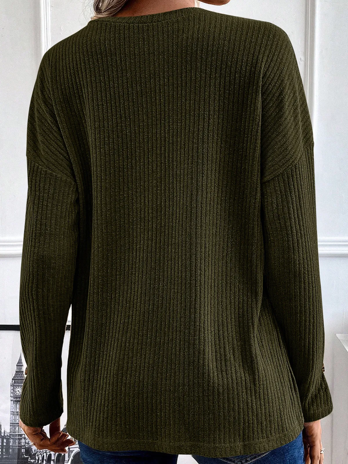 Womens Jungle Green Rib Textured Henley Knit Top