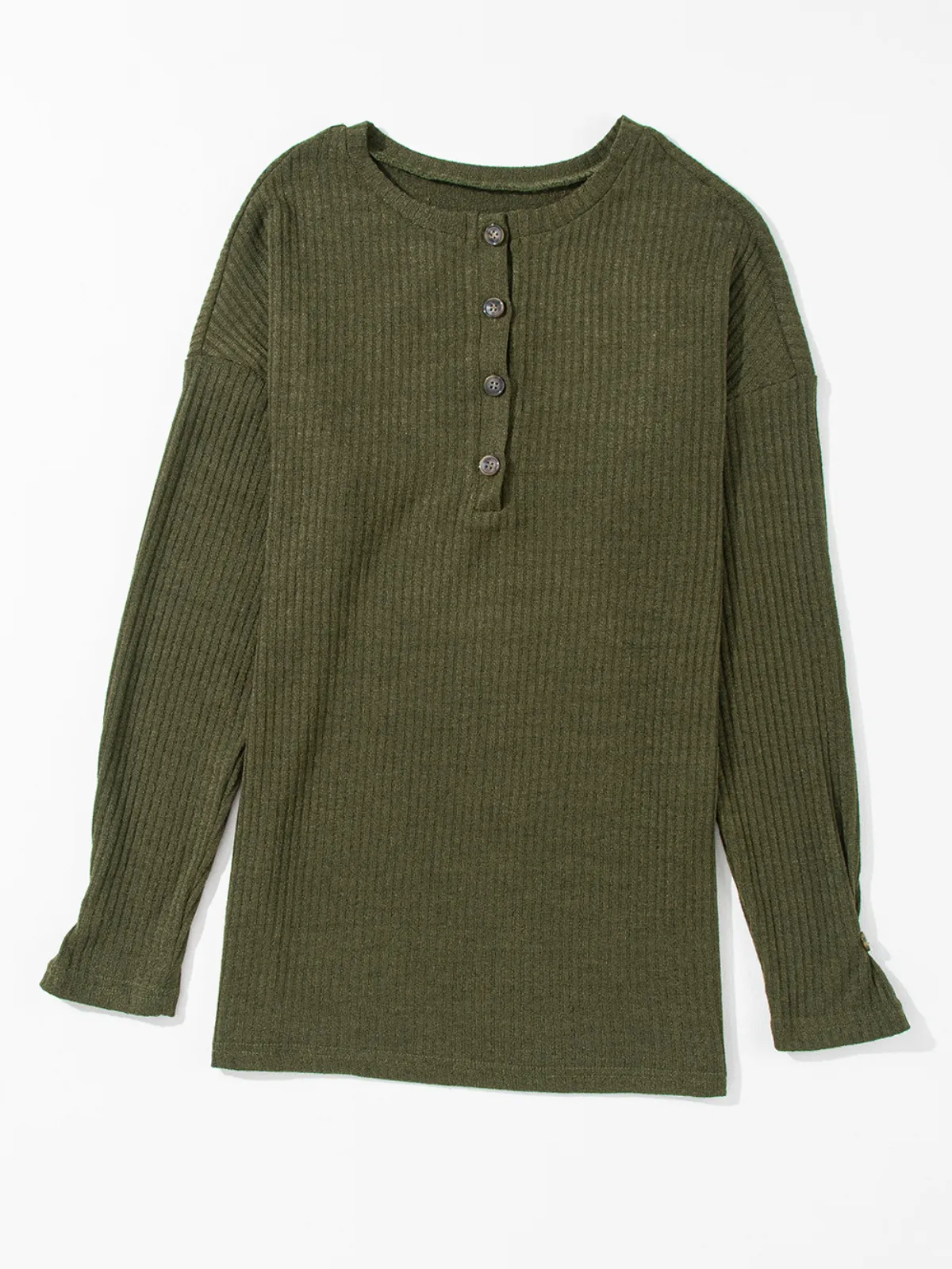 Womens Jungle Green Rib Textured Henley Knit Top