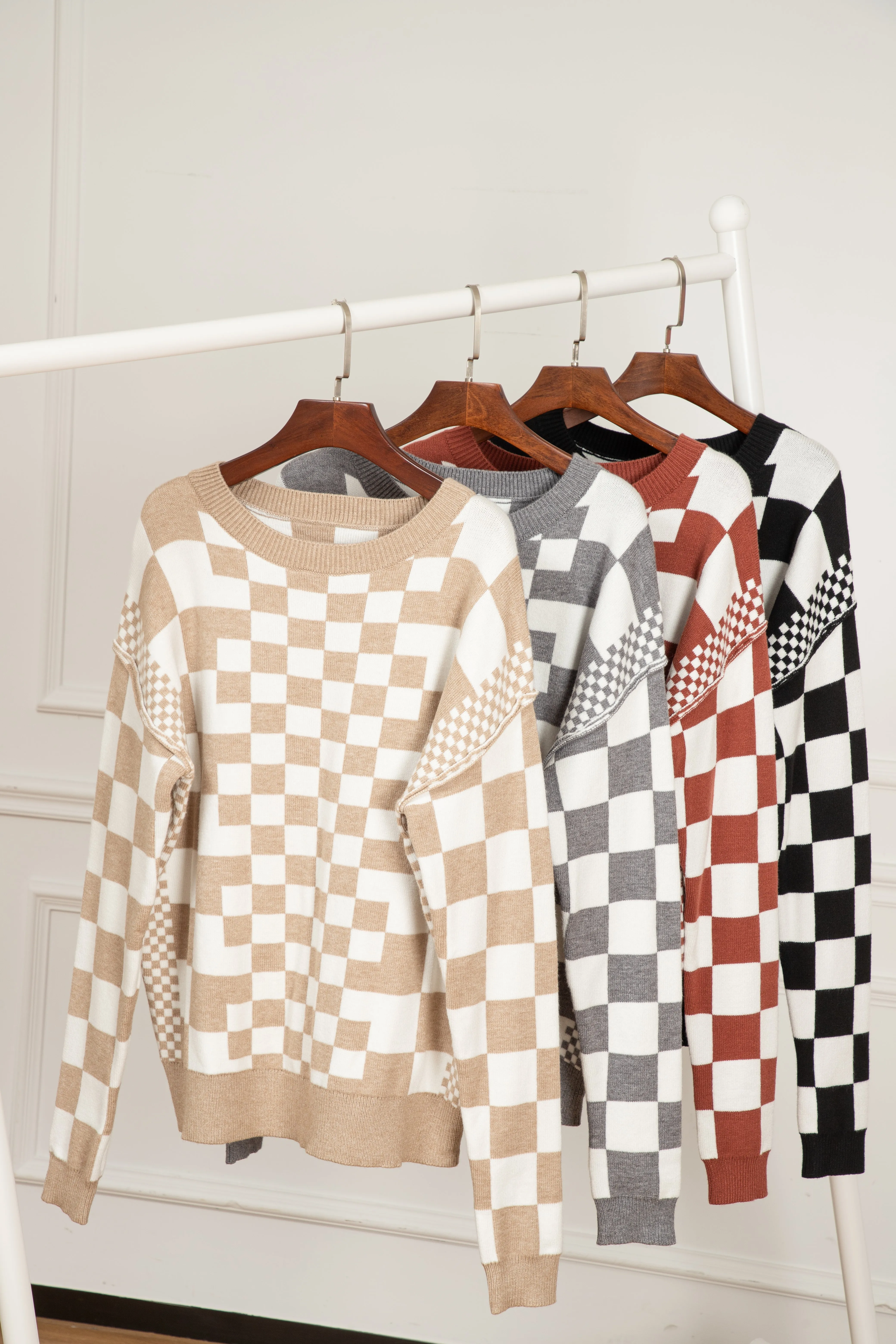 Womens Khaki Checkered Print Drop Shoulder Round Neck Sweater