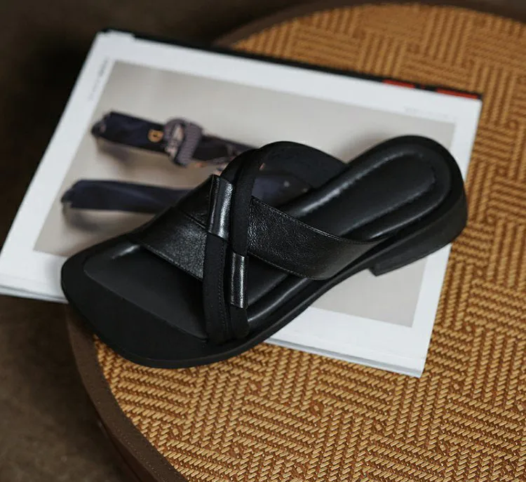 Women's Summer Color Matching Mid-heel Leather Sandals