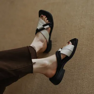 Women's Summer Color Matching Mid-heel Leather Sandals