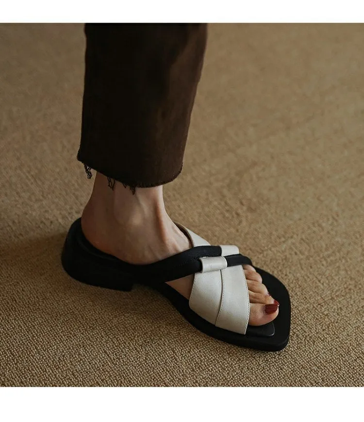 Women's Summer Color Matching Mid-heel Leather Sandals