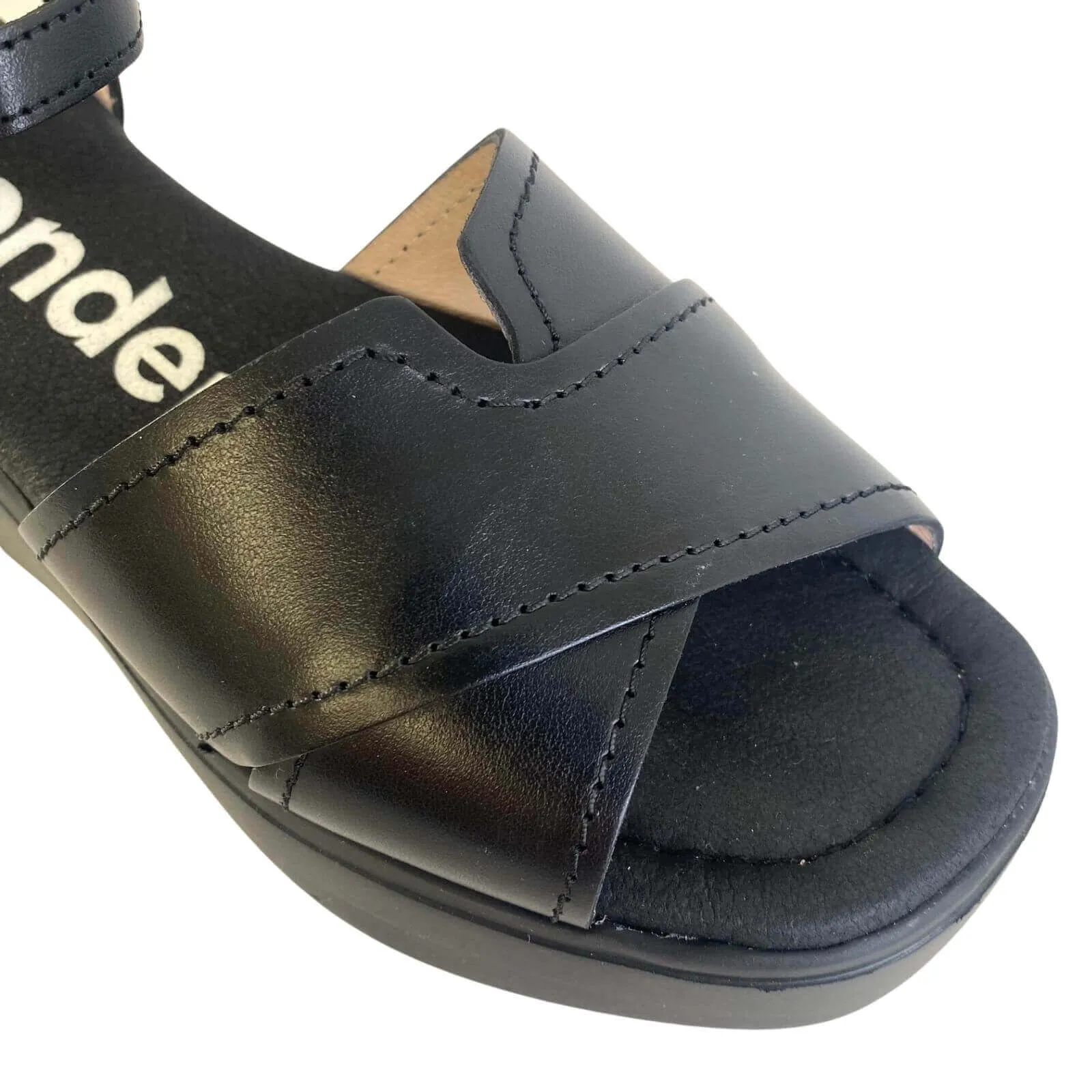 Wonders Black Ankle Leather Strap Elevated Sole Sandals