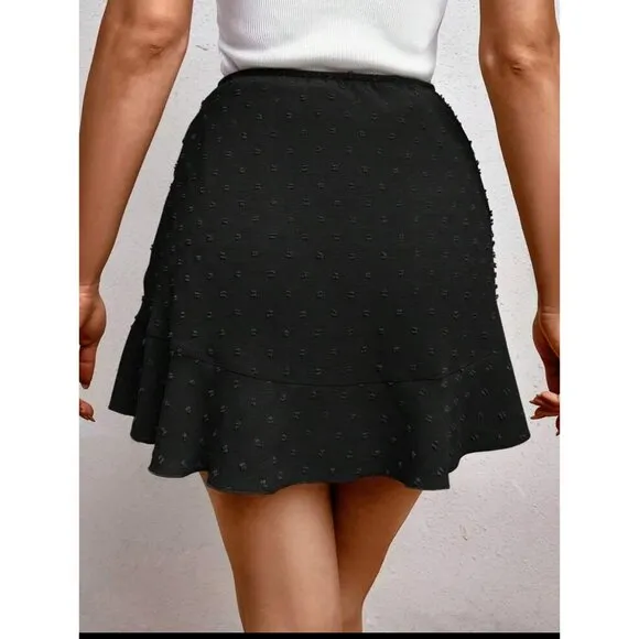 Wrap around tie ruffle hem polkadot mesh swiss dot mini skirt black
