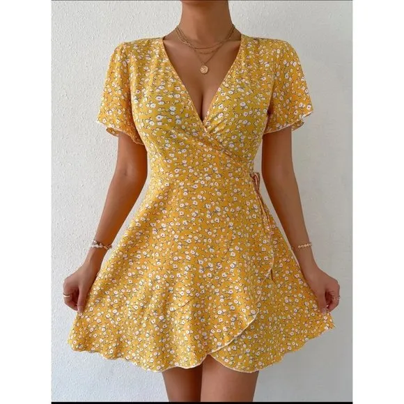 wrap dress short sleeve boho floral print mini dress blue