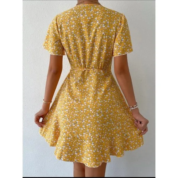 wrap dress short sleeve boho floral print mini dress blue