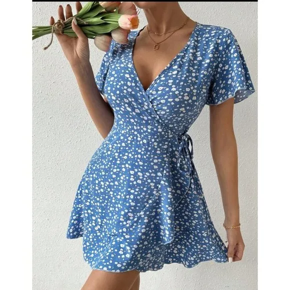 wrap dress short sleeve boho floral print mini dress blue
