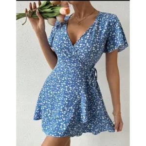 wrap dress short sleeve boho floral print mini dress blue