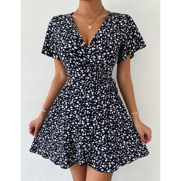 wrap dress short sleeve boho floral print mini dress blue