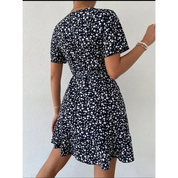 wrap dress short sleeve boho floral print mini dress blue