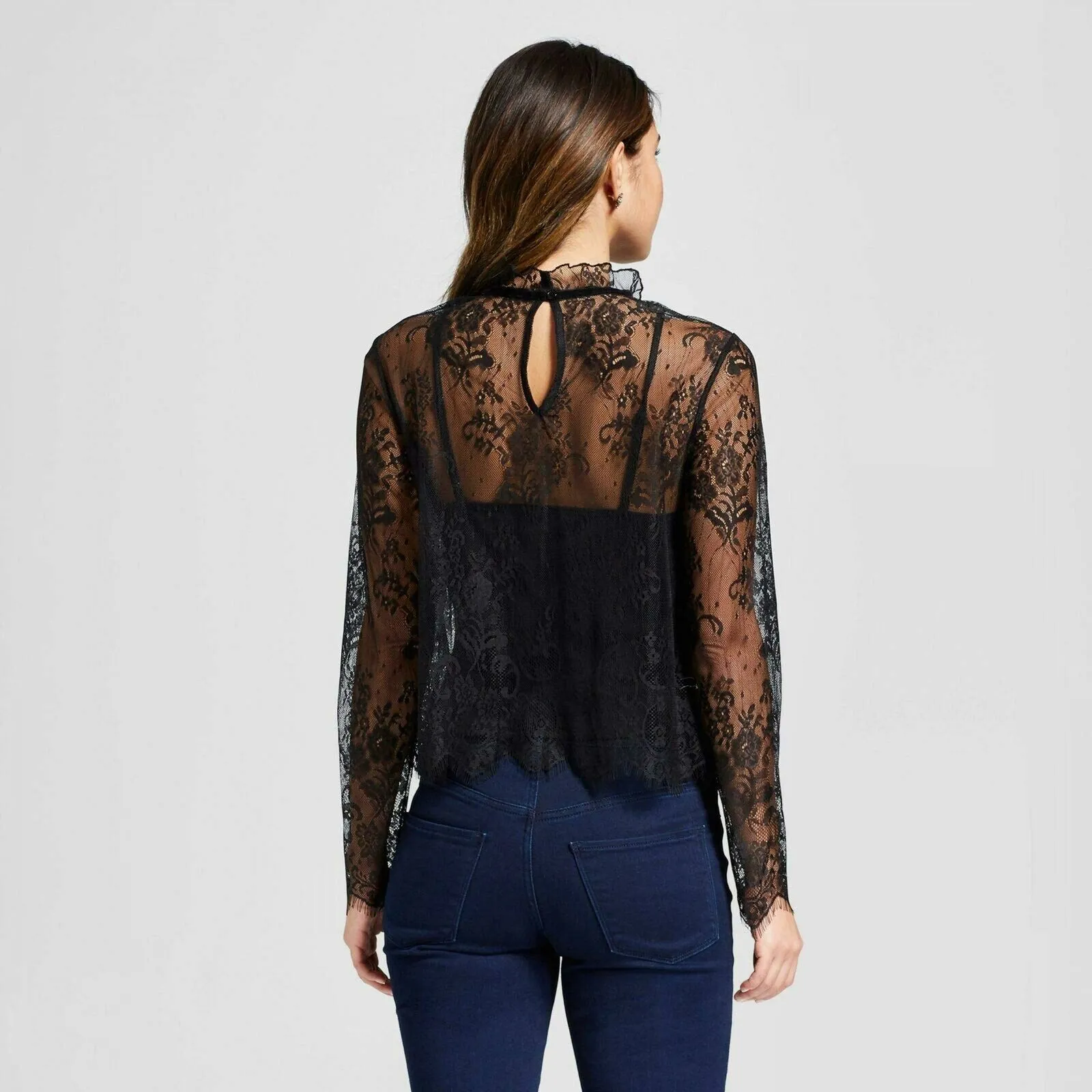 Xhilaration Women's Long Sleeve Lace Lined Mockneck Blouse Top