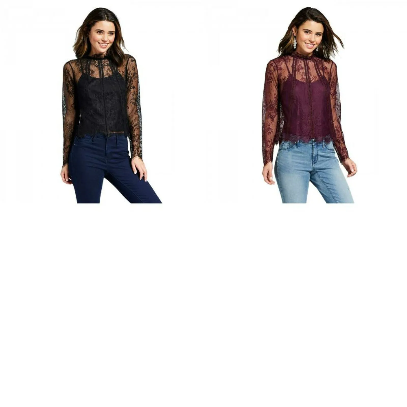 Xhilaration Women's Long Sleeve Lace Lined Mockneck Blouse Top