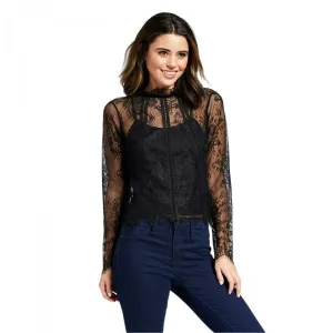 Xhilaration Women's Long Sleeve Lace Lined Mockneck Blouse Top