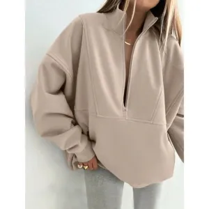 zip up half placket stand collar sweatshirt cream tan