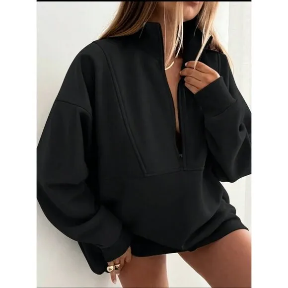 zip up half placket stand collar sweatshirt cream tan