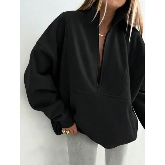 zip up half placket stand collar sweatshirt cream tan